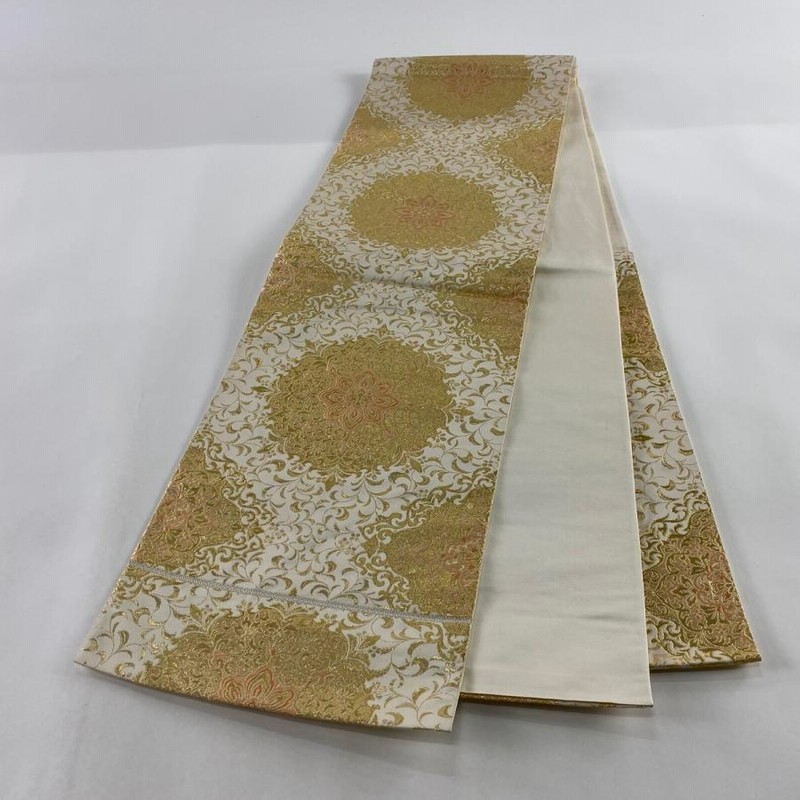 袋帯 美品 秀品 落款あり 華文 唐草 金糸 箔 クリーム 六通 正絹 中古 