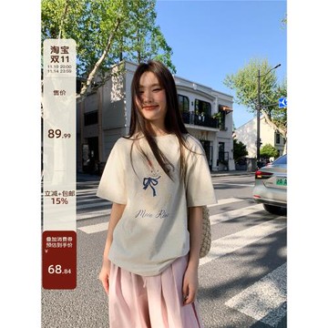 你好卡農 原創蝴蝶結兔子印花短袖t恤女夏季新款寬松純棉圓領上衣