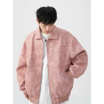 美式復古美拉德夾克男春季新款潮牌寬松百搭麂皮絨粉色情侶裝外套
