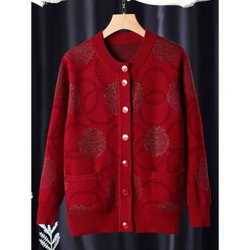 奶奶裝秋冬紅色針織羊毛衫外套老年人女裝開衫老太太媽媽秋裝毛衣