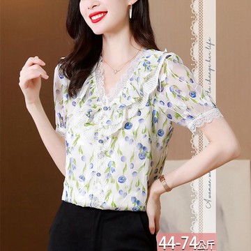 雪紡上衣大V蕾絲緹花鏤空花卉印花 M-3XL【961482X】【現+預】-流行前線-