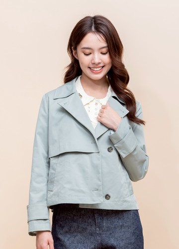 微秋綠意翻領短風衣外套