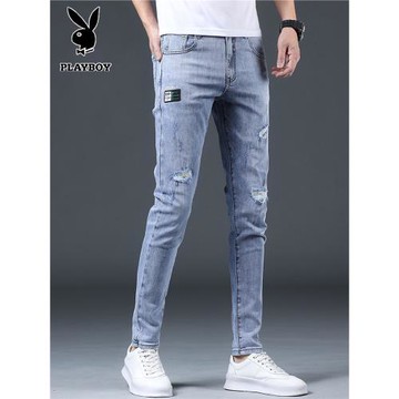 花花公子春夏季薄款牛仔褲男士破洞修身中腰高彈力帥氣小腳九分褲