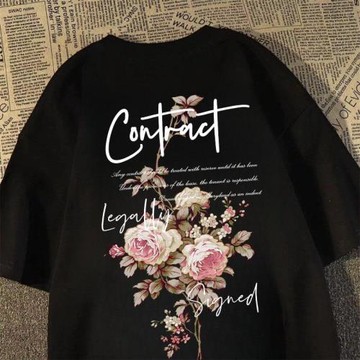 100%純棉重磅短袖T恤男女夏季高街復古初戀玫瑰印花寬松情侶上衣