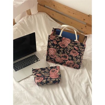 2025新款復古大容量托特包起皺薔薇提花大手提包單肩包購物袋女