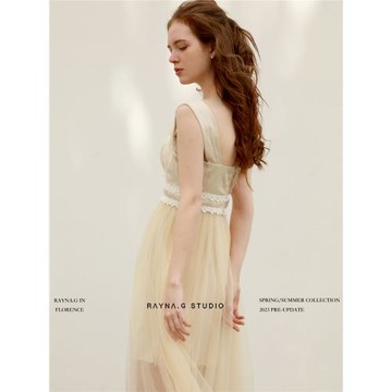 Rayna.g/芮納紀 復古亞麻紗吊帶裙/輕婚紗禮服夏新款法式氣質長裙