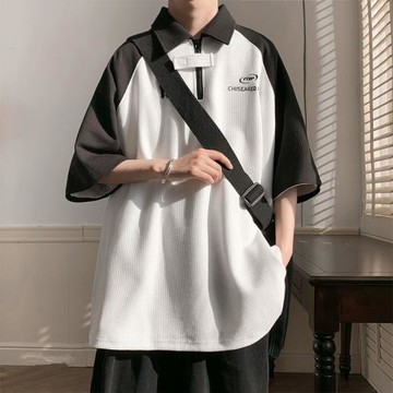 華夫格POLO衫男夏季小眾設計感撞色上衣寬松休閑潮牌學生短袖t恤