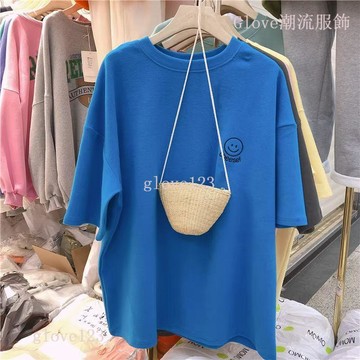 【刺繡笑臉字母】短袖T恤 女 ins潮 夏新款 韓國 寬鬆 大碼 學生 時尚 百搭 上衣 短袖上衣 上衣短袖
