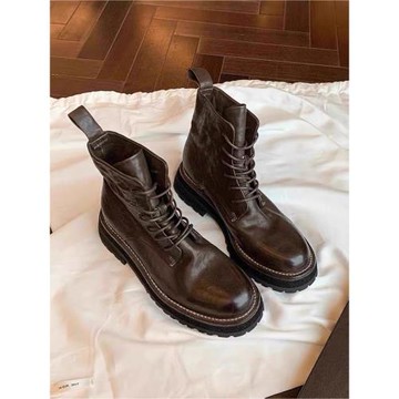 香港真皮水洗縮紋馬皮英倫風短靴2025春秋復古系帶厚底機車馬丁靴