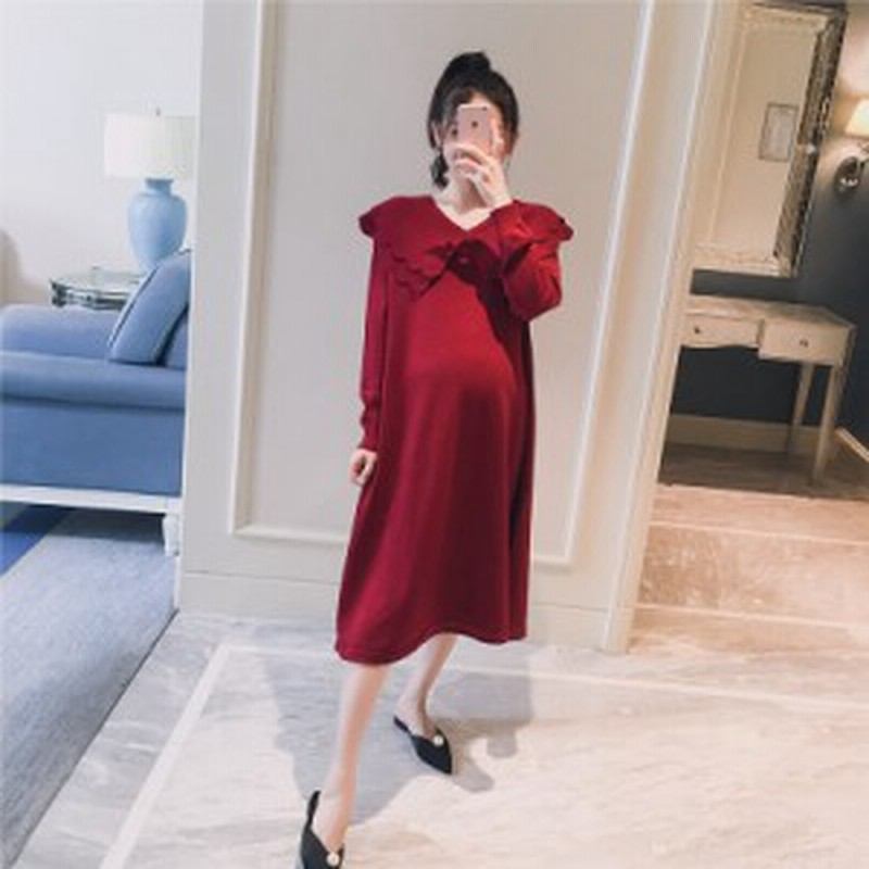 マタニティ ワンピース マタニティウエア ワンピース ひざ下丈 ニットワンピース セーター 長袖 フリル 大きい襟 無地 シンプル おしゃれ 通販 Lineポイント最大1 0 Get Lineショッピング