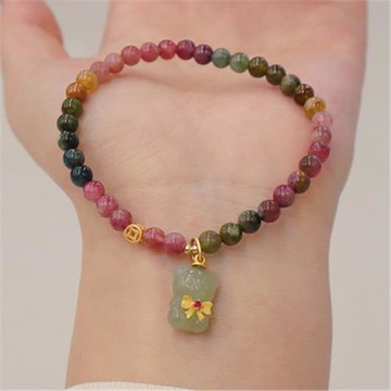 天然碧璽漸和田玉小熊吊墜變手串