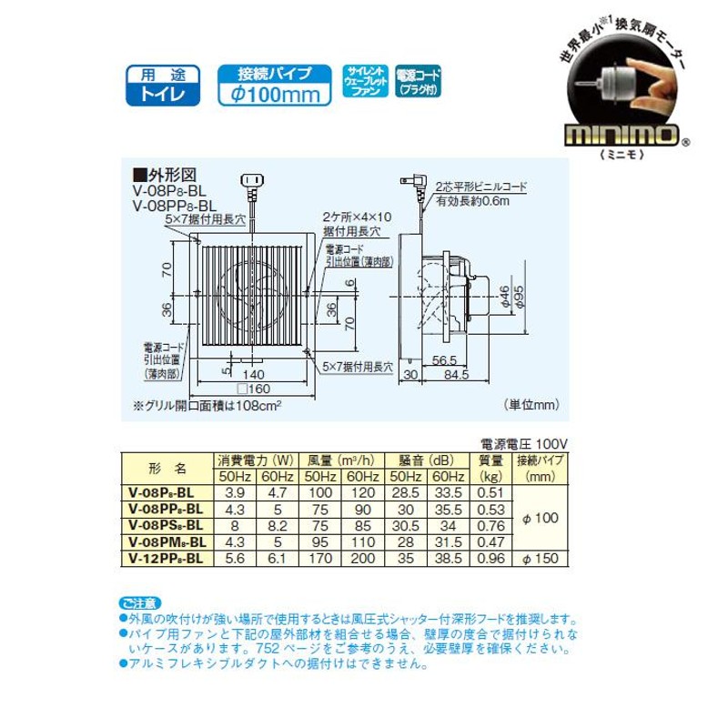 V-08P8 (V-08P7の新品番）トイレ 換気扇 三菱 壁・天井兼用 パイプ用