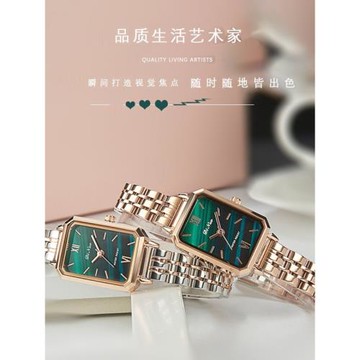 諦諾(DINUO)手表女簡約孔雀石綠方形小綠表腕復古輕奢玫瑰金防水