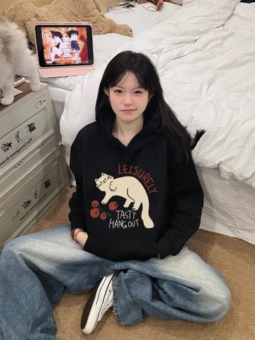 韓國連帽衛衣 oversize長袖t恤 連帽大學t 寬鬆上衣 女生帽踢 加絨加厚衛衣 內刷毛帽t可愛小貓衛衣日系連帽衛衣