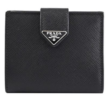 PRADA 金屬三角LOGO防刮皮革扣式六卡短夾(黑)