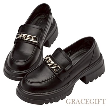 【Grace Gift】個性氣場鏈條輕量厚底樂福鞋 黑
