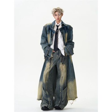 CleanlyGirl“望穿秋水”水洗重工拼接假兩件做舊全長款牛仔大衣