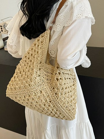 網紅爆款編織包包女2024新款氛圍感海邊度假草編包百搭單肩托特包【雲木雜貨】