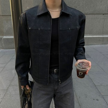 正韓剪裁鉚釘奢華紋理皮革短版夾克外套 2色 YUPPIE 預購商品 1013