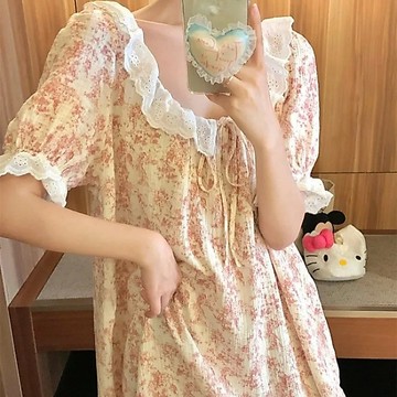 睡衣 新款 高級感 中國風 水墨畫 睡衣女 夏季 圓領 蕾絲 花邊 復古感 少女 網紅 短袖 寬鬆 外穿 睡裙