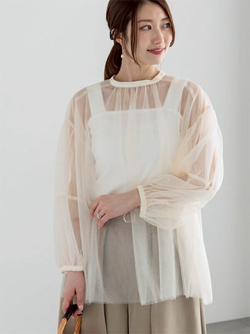 薄紗透膚質感燈籠袖圓領上衣(0F000620510) - Te chichi