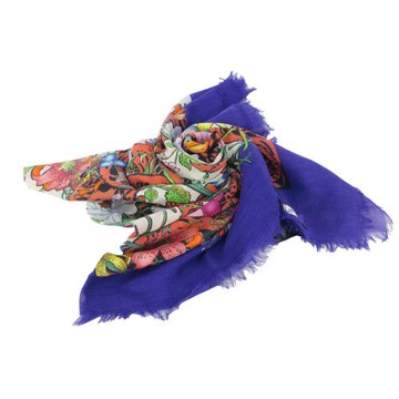 GUCCI 羊毛混絲植物老虎圖案流蘇披巾/方巾(紫)