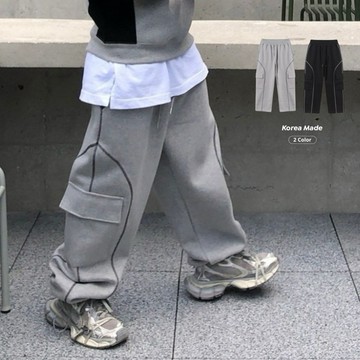 [HYC] 韓國 拼接 重工 大口袋 線條 寬鬆 休閒 運動褲 可搭套裝 棉長褲 棉褲 工裝棉褲 闊腿 束腳 休閒衛褲