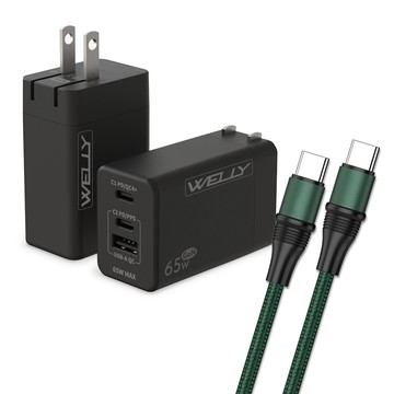 WELLY 65W氮化鎵GaN 輕巧快充頭 三孔輸出(黑色)+100W 雙Type-C 傳輸充電線組合
