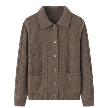 秋冬保暖純山羊絨衫女翻領加厚開衫毛衣復古風毛衫寬松外套E2236