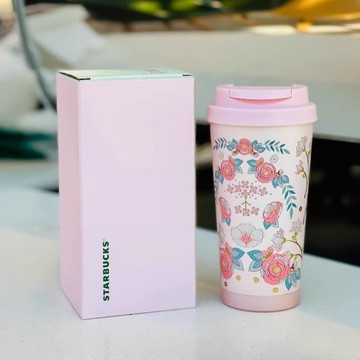 星巴克杯子2026新年禮物春日花珠光漆優雅粉色花朵不鏽鋼隨行帶蓋咖啡辦公桌面杯子喝水杯喝茶杯咖啡杯露營杯子生日禮物