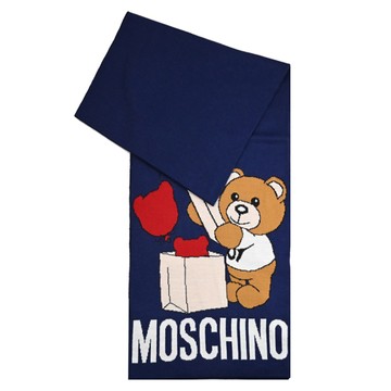 MOSCHINO 30776 M2956 小熊氣球禮物LOGO羊毛混紡圍巾.深藍