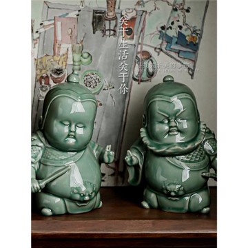 青瓷擺件京劇人物陶瓷新中式茶寵家居茶道擺件創意茶臺裝飾品茶玩