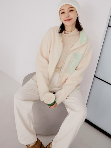 羊羔毛撞色口袋滾邊外套