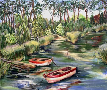 鄉村河流風景中的小船 原畫 印象派自然風景