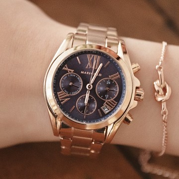 MARIGOLD期待的愛真三眼金屬鍊帶手錶【WMD05988】-藍面玫金帶