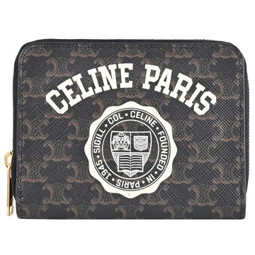 CELINE Triomphe 學院風LOGO印花拉鍊零錢卡包.深咖