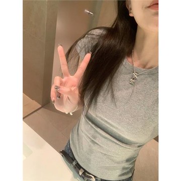 春夏時尚修身收腰灰色短袖上衣
