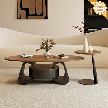 【復古收納】實木茶几 小戶型茶几 客廳茶几 邊幾 角幾 胡桃木橢圓茶几 中古風設計 帶抽屜儲物 組合搭配