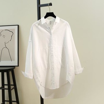 中長款BF風長袖襯衫女男友風大碼春秋季韓版純棉雙口袋打底衫襯衣