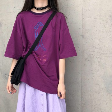 夏裝網紅卡通刺繡字母印花短袖T恤寬松圓領上衣女學生1入