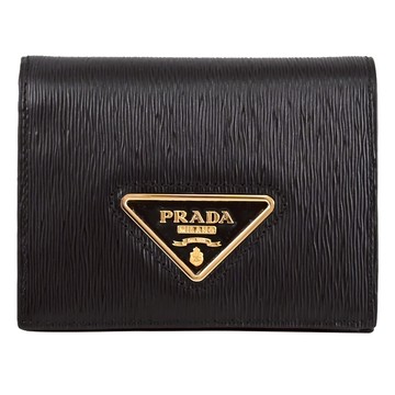 PRADA 1MV204 金屬三角標誌水波紋對開零錢短夾.黑