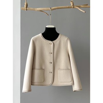 小香風圓領雙面羊絨大衣女短款2025年秋冬新款小個子羊毛呢子外套