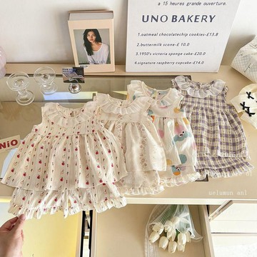Mini baby🌷夏季薄款無袖公主女寶寶可愛碎花裙子童裝兩件套雲邊卡通套裝