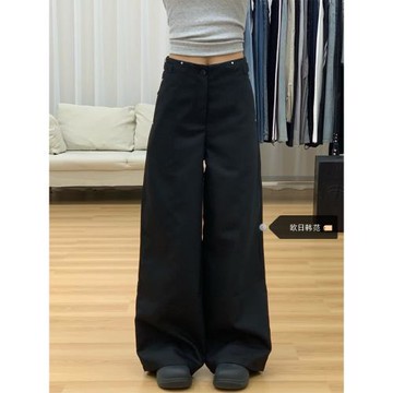 大碼美式設計感工裝休閑闊腿褲女秋冬新款高腰垂感顯瘦直筒拖地褲