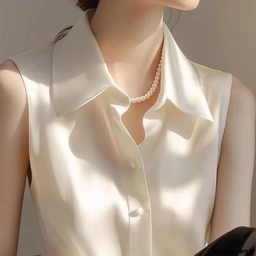 女生背心 💖💖 無袖 法式溫柔風白色緞面POLO領無袖襯衫女夏季新款百搭休閑氣質小襯衣
