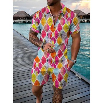 Casual 3D printed lapel shorts set休閑3D印花翻領短褲套裝男士