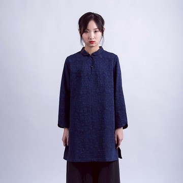 新中式藍色提花中長襯衫