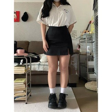 西裝半身裙女大碼胖mm秋季黑色A字裙短裙開叉高腰包臀裙褲裙裙子