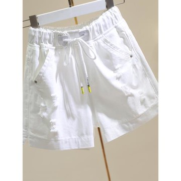 純棉白色破洞牛仔短褲女夏季松緊腰寬松顯瘦a字闊腿熱褲潮流時尚