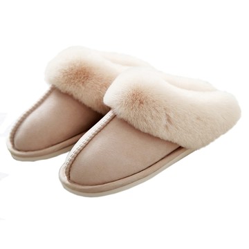 麂皮絨兔毛口包頭保暖防滑男女室內拖鞋 400g  卡其色  38~39